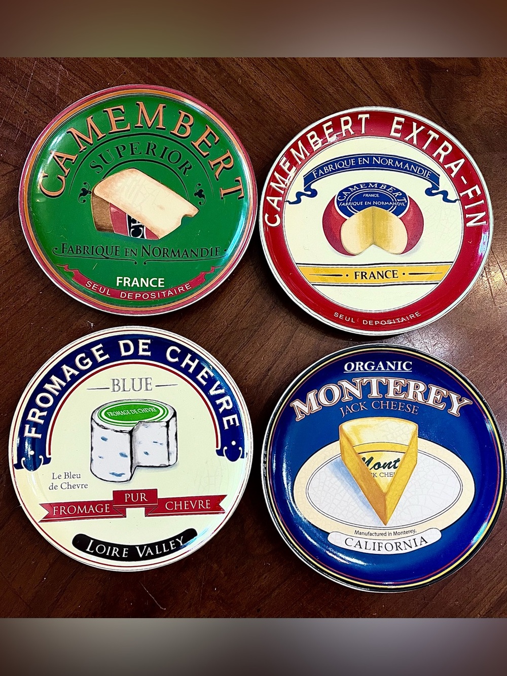 VTG Charcuterie: Boston Warehouse 4-Pc Ceramic Cheese Plates Set French Labels